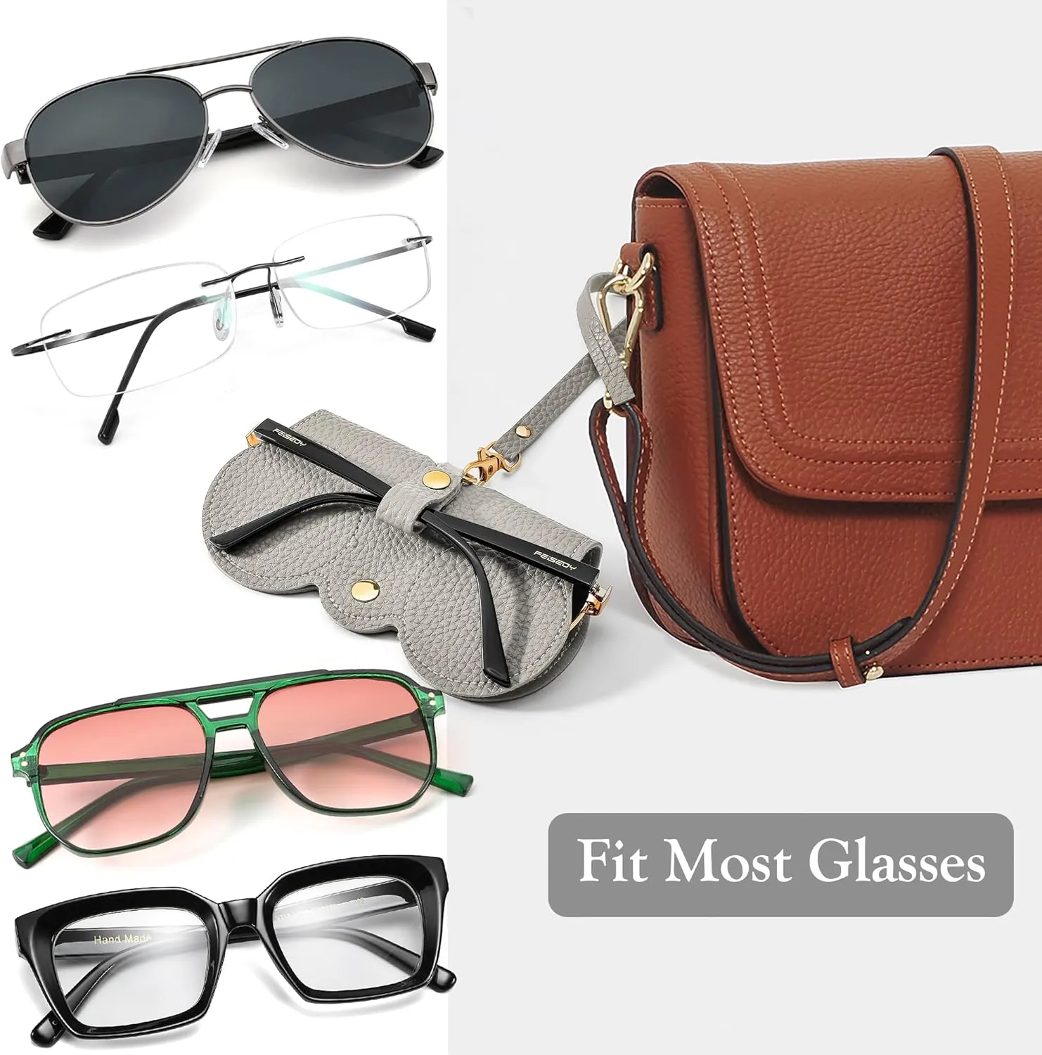 FEISEDY 2Pack Soft Leather Sunglass Bag, Holder Eyeglasses Case, Portable Glasses Pouch With Button Clip Wrist Strap B0049