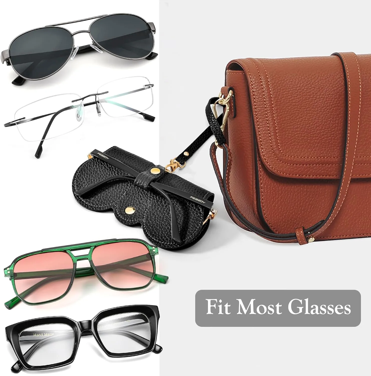 FEISEDY 2Pack Soft Leather Sunglass Bag, Holder Eyeglasses Case, Portable Glasses Pouch With Button Clip Wrist Strap B0049