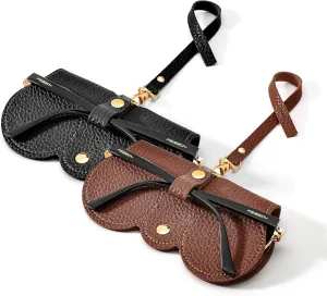 FEISEDY 2Pack Soft Leather Sunglass Bag, Holder Eyeglasses Case, Portable Glasses Pouch With Button Clip Wrist Strap B0049