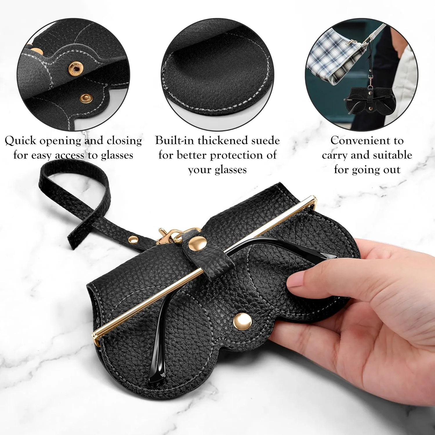 FEISEDY 2Pack Soft Leather Sunglass Bag, Holder Eyeglasses Case, Portable Glasses Pouch With Button Clip Wrist Strap B0049