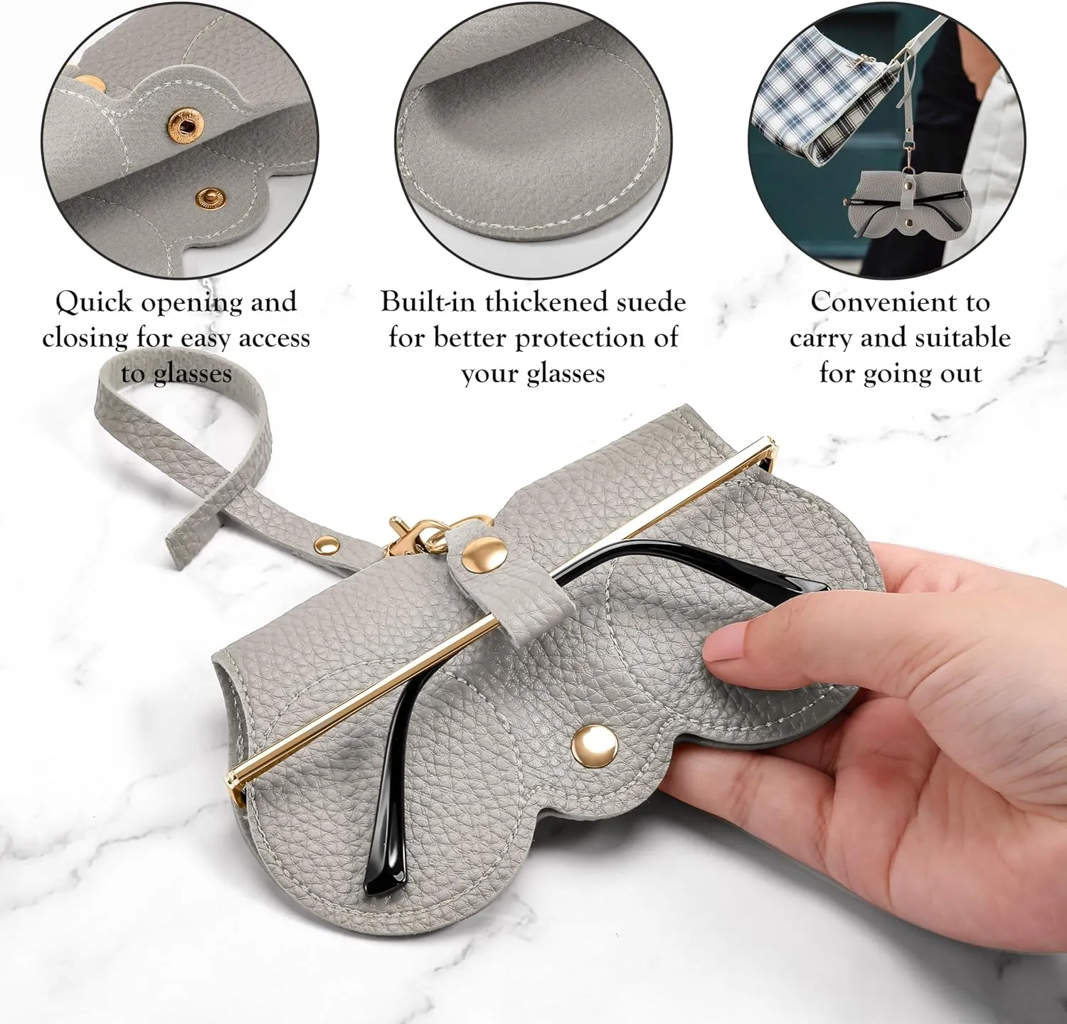 FEISEDY 2Pack Soft Leather Sunglass Bag, Holder Eyeglasses Case, Portable Glasses Pouch With Button Clip Wrist Strap B0049
