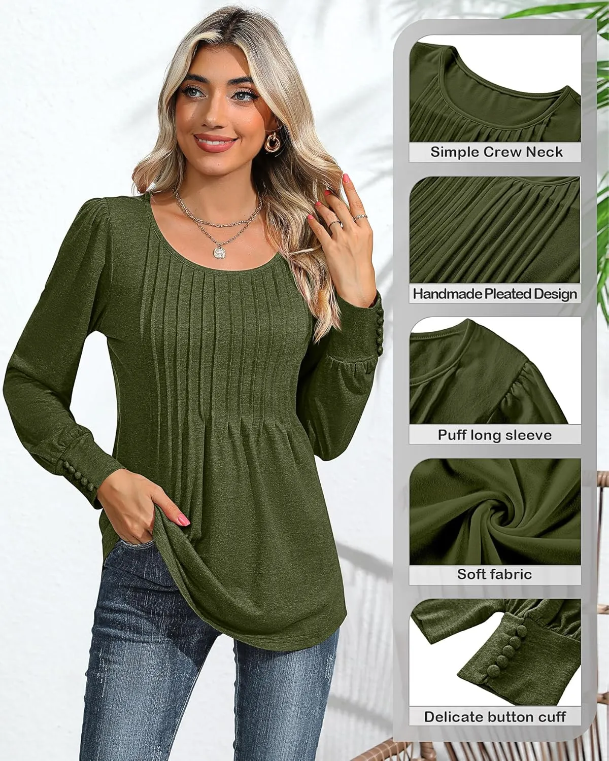 Ficerd Women's Puff Long Sleeve Tunic Tops Pleated Crew Neck Blouses Dressy Casual Loose Fit Winter and Spring Shirts