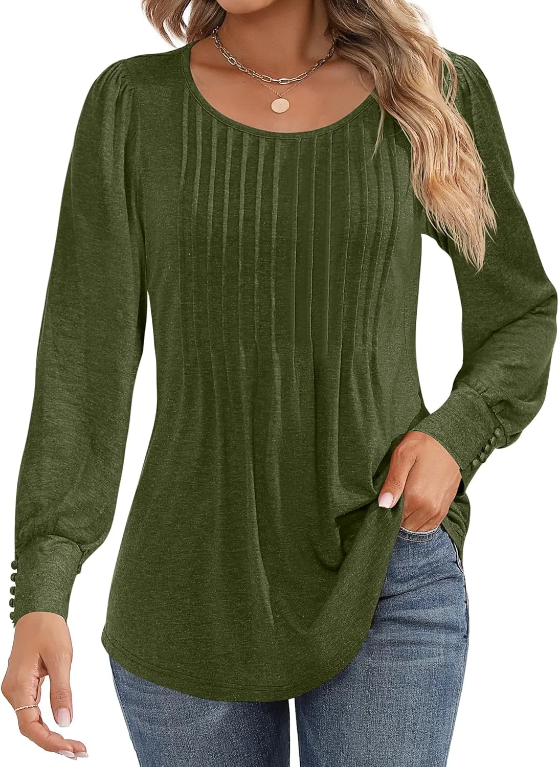 Ficerd Women's Puff Long Sleeve Tunic Tops Pleated Crew Neck Blouses Dressy Casual Loose Fit Winter and Spring Shirts