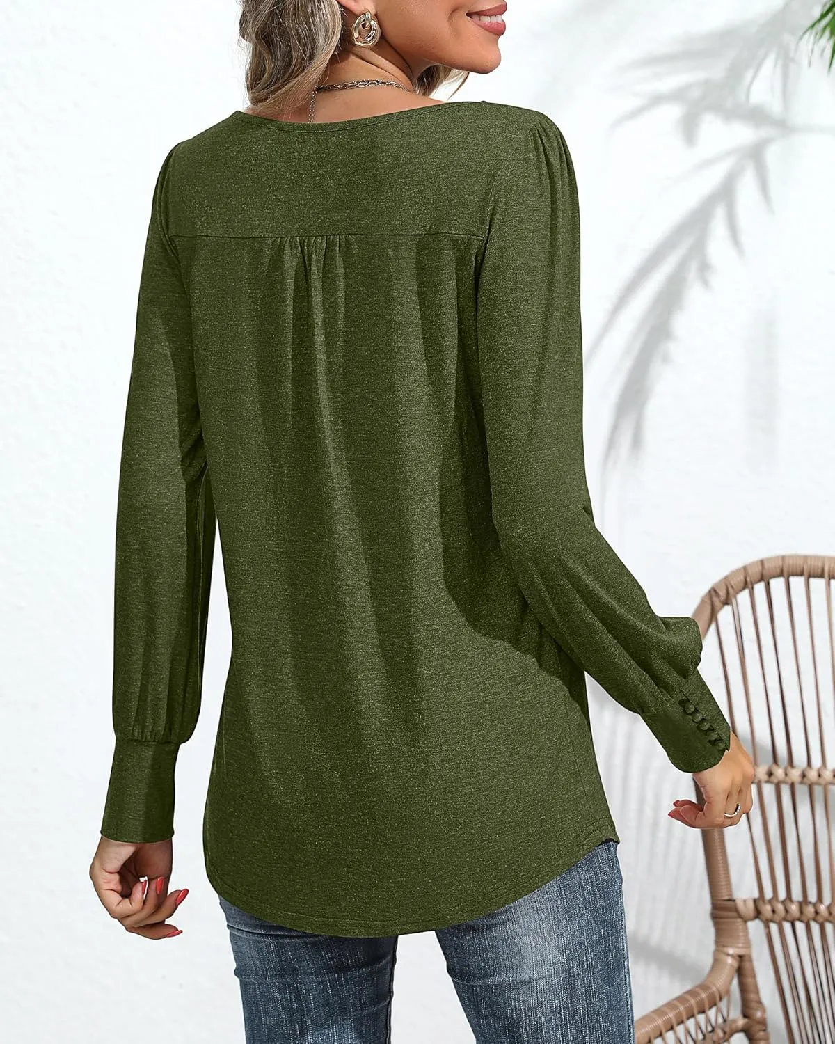 Ficerd Women's Puff Long Sleeve Tunic Tops Pleated Crew Neck Blouses Dressy Casual Loose Fit Winter and Spring Shirts