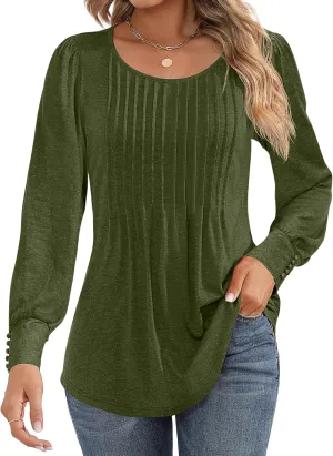 Ficerd Women's Puff Long Sleeve Tunic Tops Pleated Crew Neck Blouses Dressy Casual Loose Fit Winter and Spring Shirts