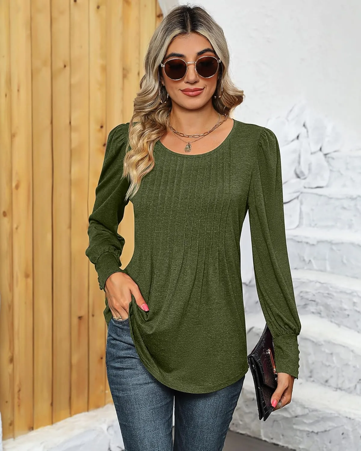 Ficerd Women's Puff Long Sleeve Tunic Tops Pleated Crew Neck Blouses Dressy Casual Loose Fit Winter and Spring Shirts