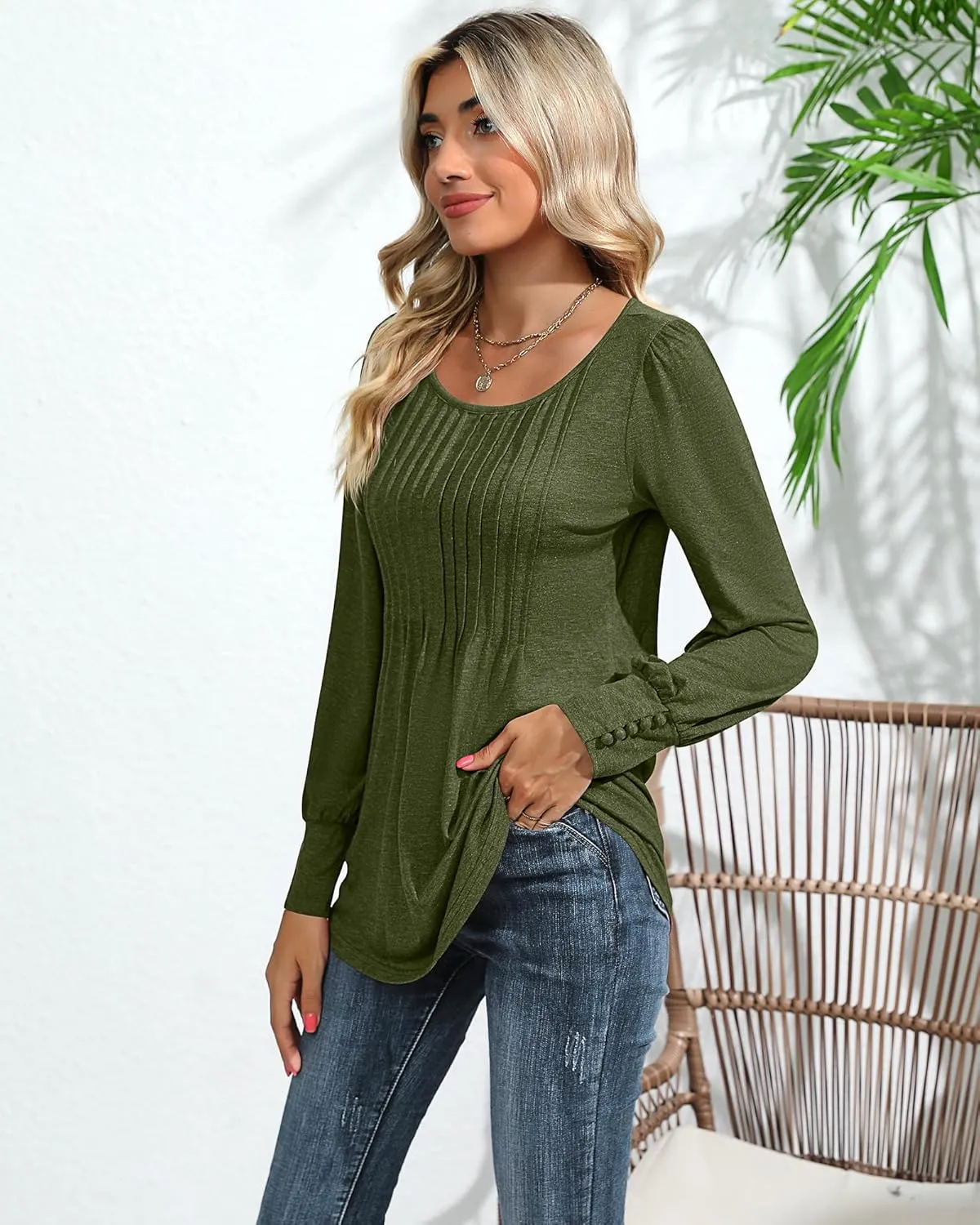 Ficerd Women's Puff Long Sleeve Tunic Tops Pleated Crew Neck Blouses Dressy Casual Loose Fit Winter and Spring Shirts