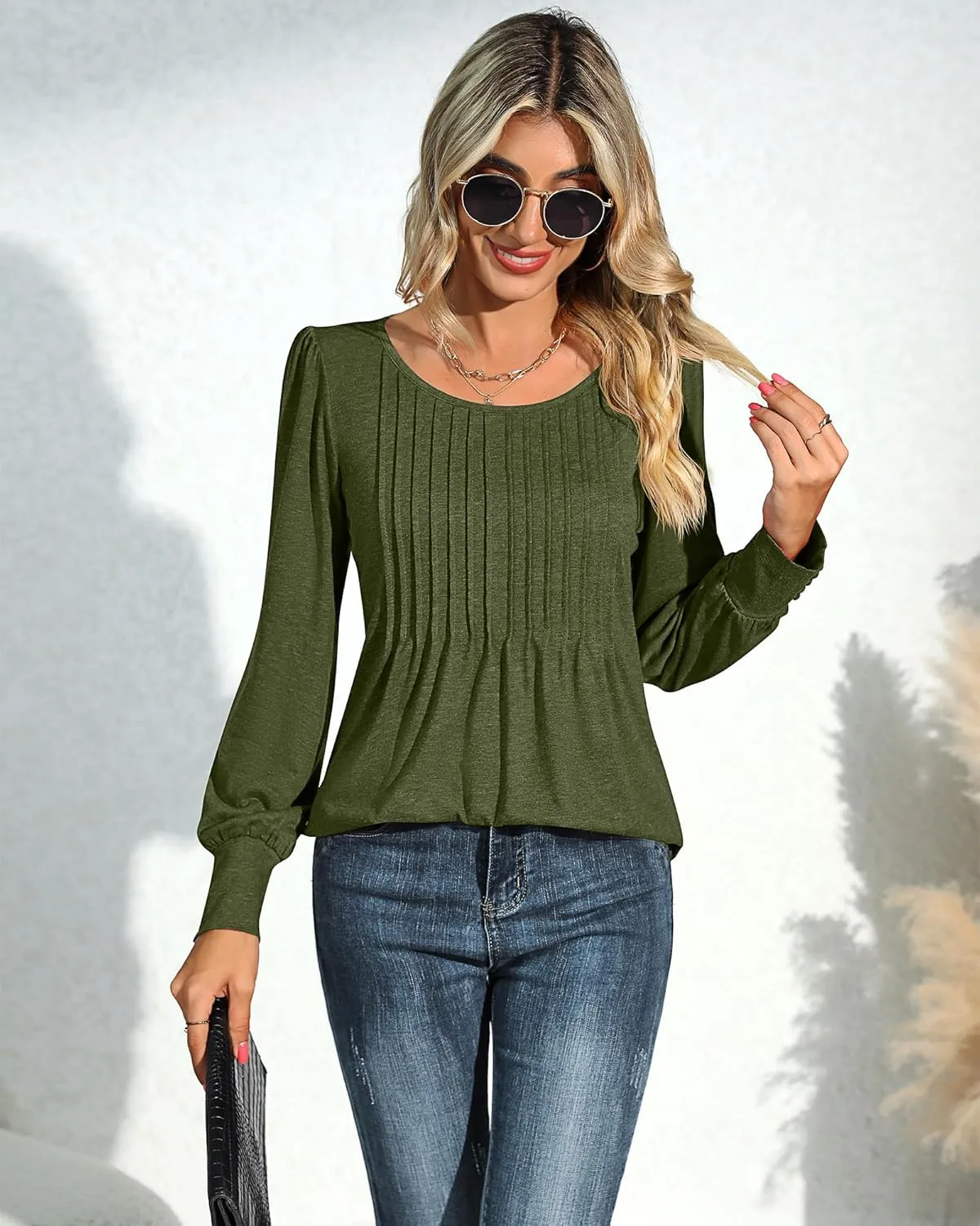 Ficerd Women's Puff Long Sleeve Tunic Tops Pleated Crew Neck Blouses Dressy Casual Loose Fit Winter and Spring Shirts