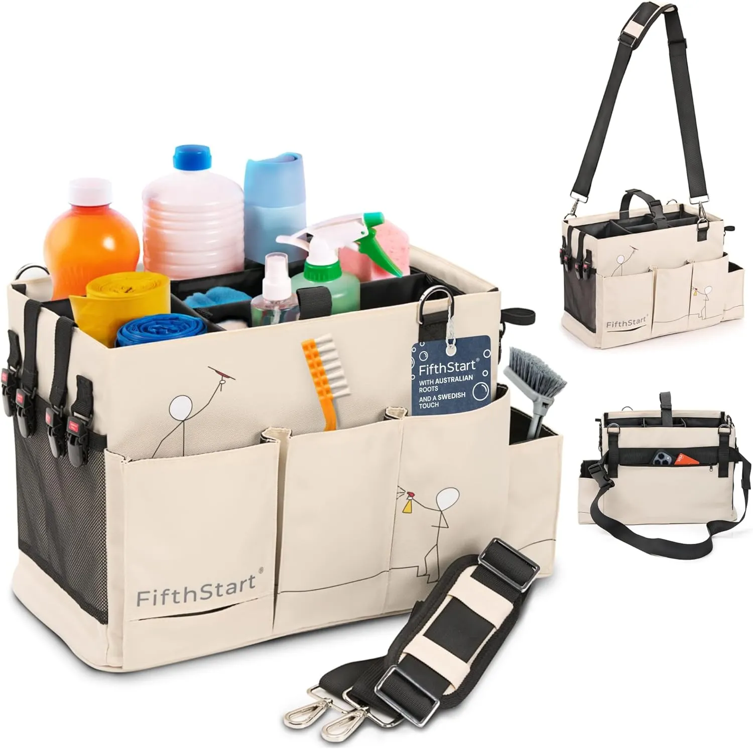 FifthStart Multiuse Cleaning Caddy with Waist & Shoulder Strap - Diaper Caddy & Beach Bag - 9 Pockets & Mesh Base - Adjustable Compartments (Beige, Small)