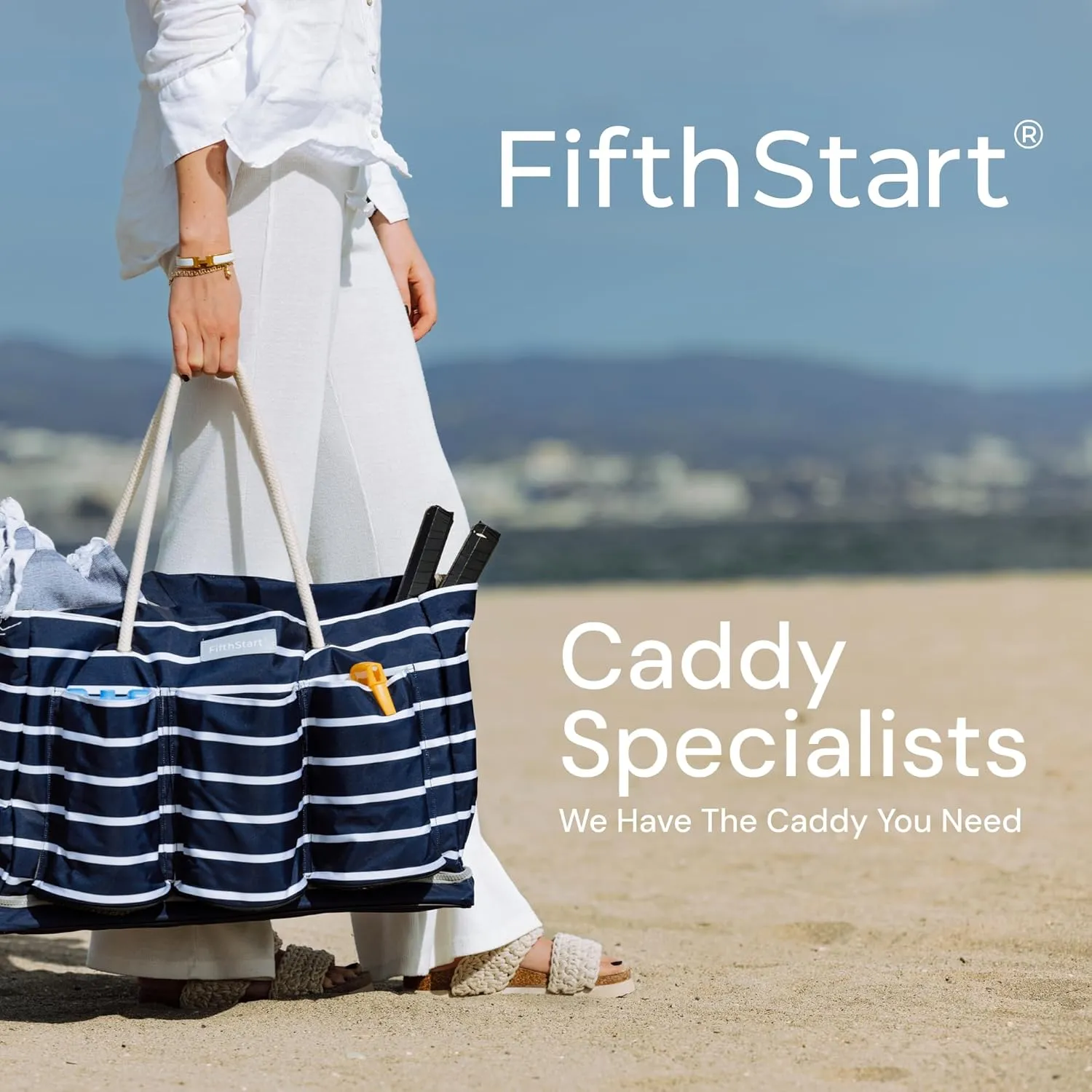 FifthStart Multiuse Cleaning Caddy with Waist & Shoulder Strap - Diaper Caddy & Beach Bag - 9 Pockets & Mesh Base - Adjustable Compartments (Beige, Small)