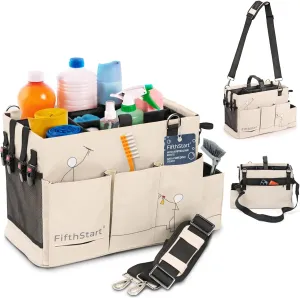 FifthStart Multiuse Cleaning Caddy with Waist & Shoulder Strap - Diaper Caddy & Beach Bag - 9 Pockets & Mesh Base - Adjustable Compartments (Beige, Small)