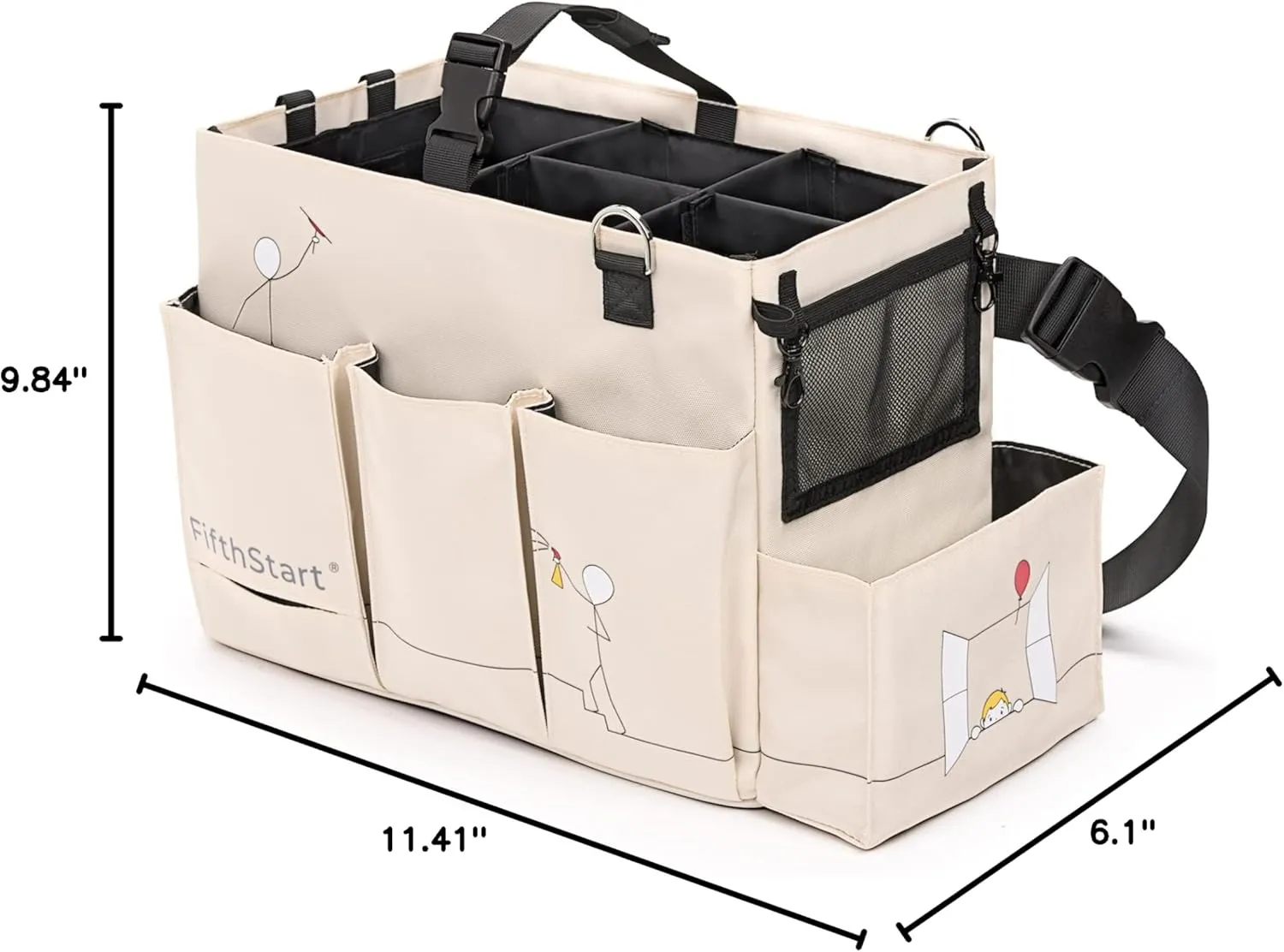 FifthStart Multiuse Cleaning Caddy with Waist & Shoulder Strap - Diaper Caddy & Beach Bag - 9 Pockets & Mesh Base - Adjustable Compartments (Beige, Small)