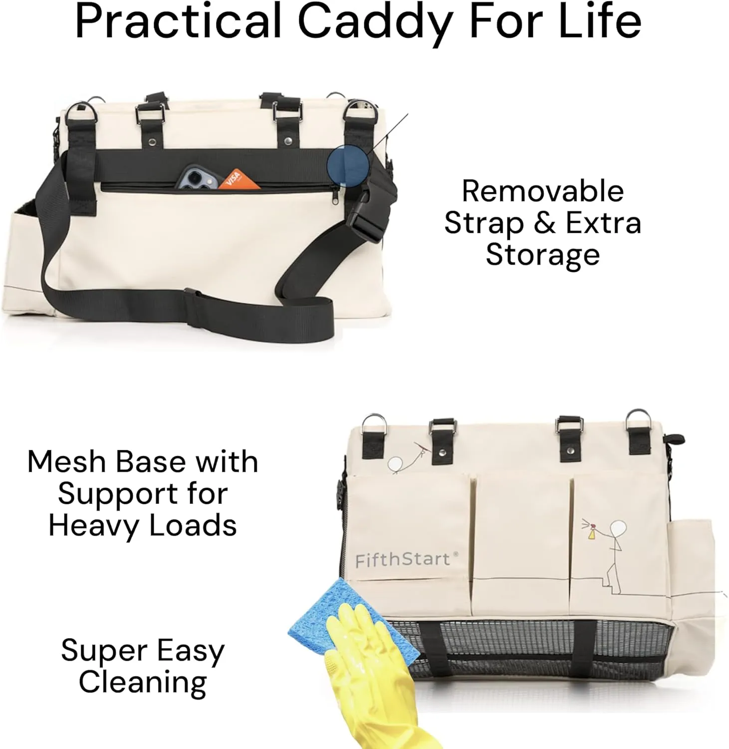 FifthStart Multiuse Cleaning Caddy with Waist & Shoulder Strap - Diaper Caddy & Beach Bag - 9 Pockets & Mesh Base - Adjustable Compartments (Beige, Small)