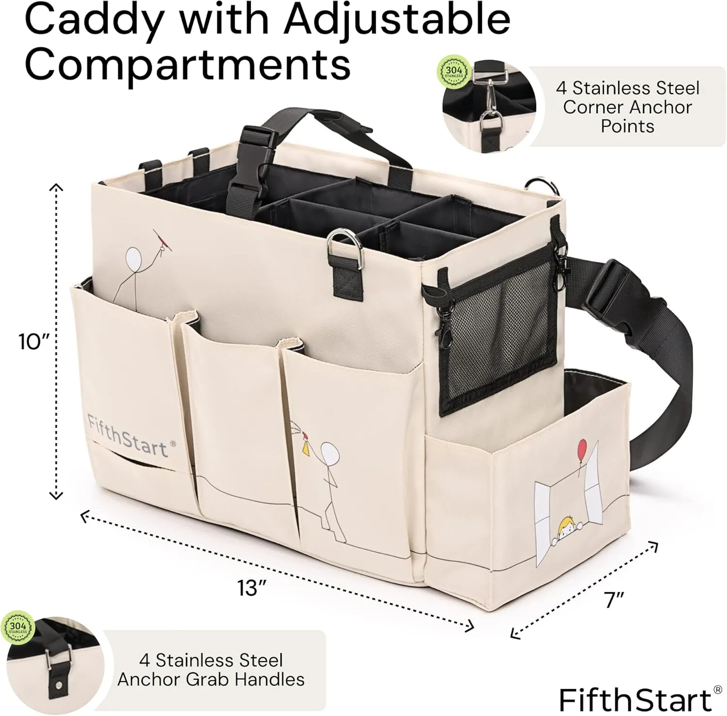 FifthStart Multiuse Cleaning Caddy with Waist & Shoulder Strap - Diaper Caddy & Beach Bag - 9 Pockets & Mesh Base - Adjustable Compartments (Beige, Small)