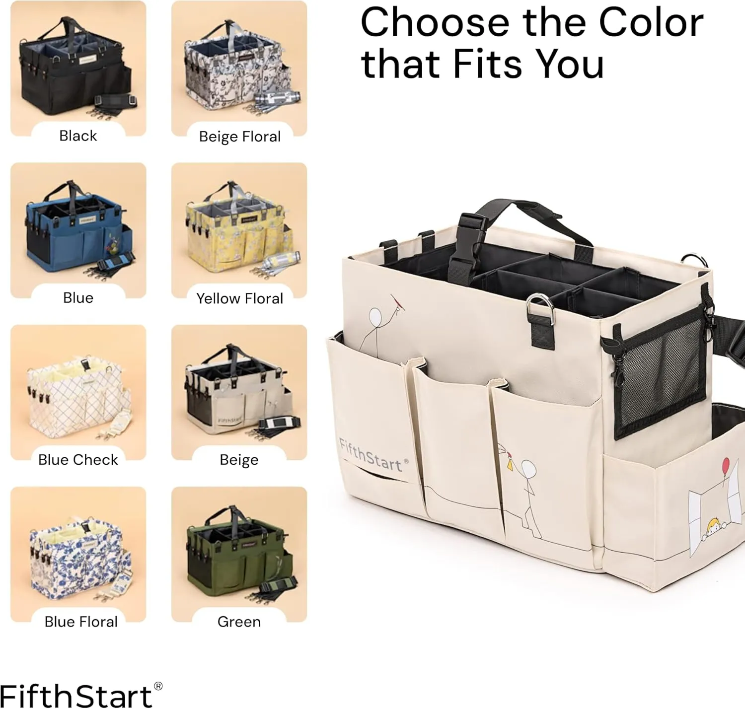 FifthStart Multiuse Cleaning Caddy with Waist & Shoulder Strap - Diaper Caddy & Beach Bag - 9 Pockets & Mesh Base - Adjustable Compartments (Beige, Small)