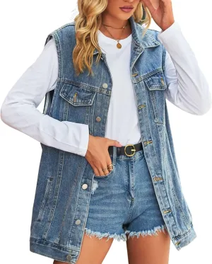FindThy Women’s Vintage Denim Jean Vest Oversized Button Down Jean Waistcoat Gilet