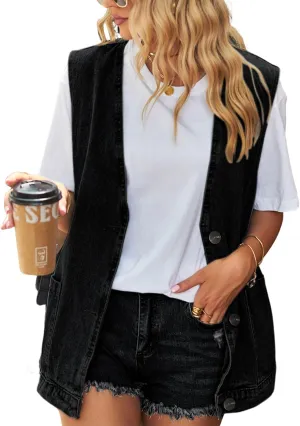 FindThy Women’s Vintage Denim Jean Vest Oversized Button Down Jean Waistcoat Gilet