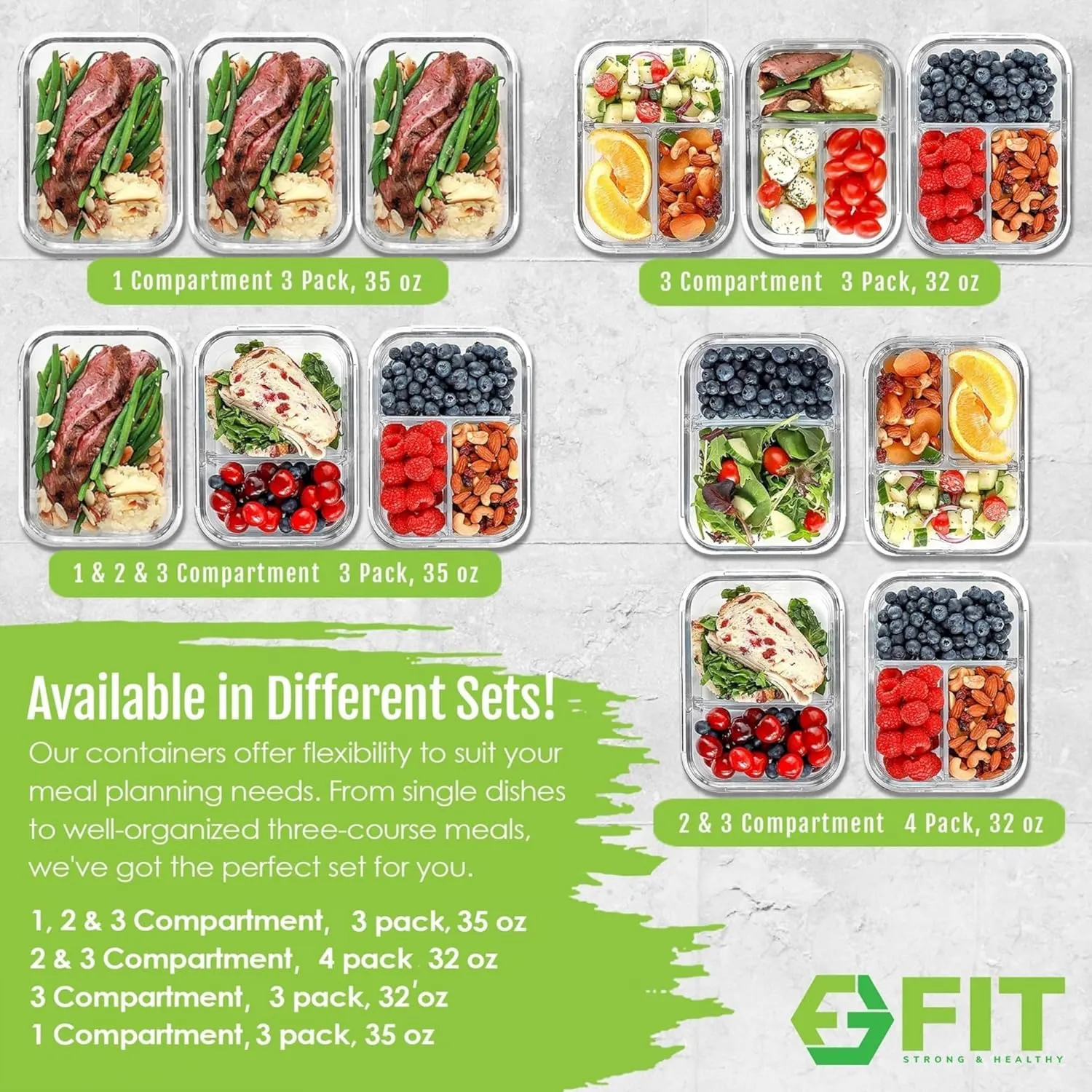 FIT Strong & Healthy Glass Meal Prep Containers, 2 & 3 Compartments - Portion Control, Lunch Container Set, Food Storage, Airtight Lids, Oven & Freezer Safe, Leak-Proof Bento Box, 32 oz, Blue, 4 Pack