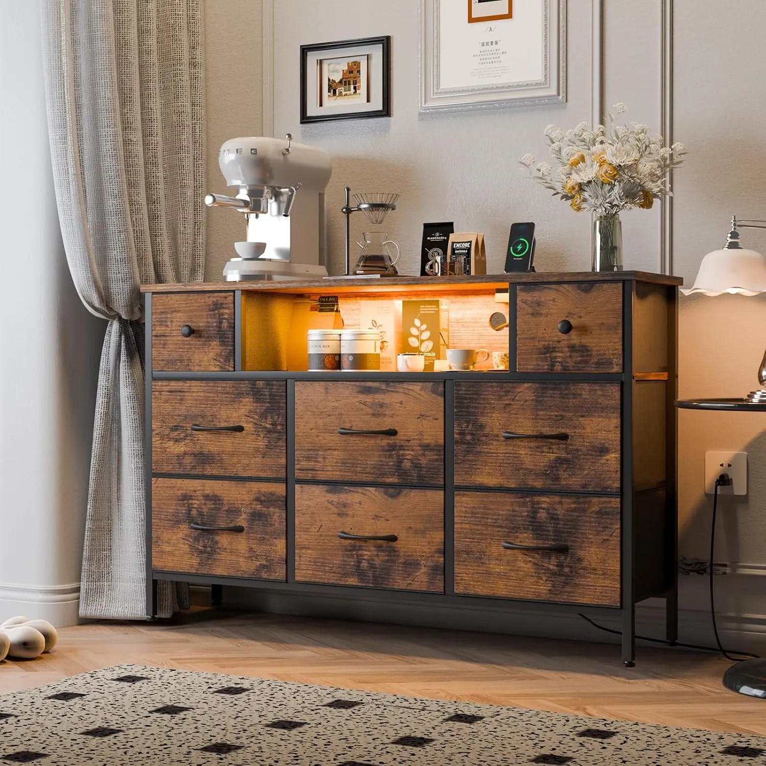 Fixwal Dresser for Bedroom with Power Outlets and LED Lights, Rustic Brown 55" TV Stand with 8 Drawers, Fabric Chest of Drawers with Wood Grain Finish for Entryway