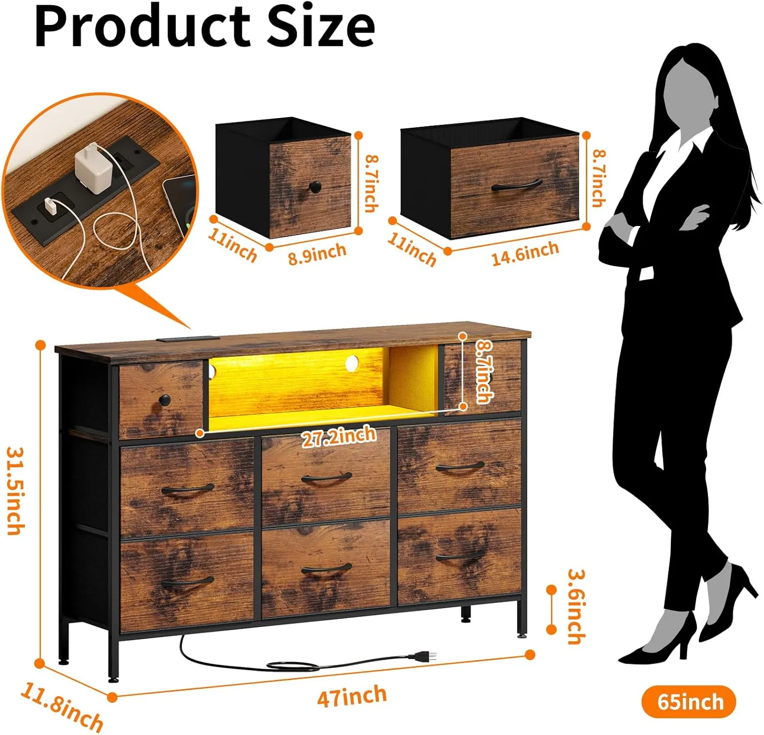 Fixwal Dresser for Bedroom with Power Outlets and LED Lights, Rustic Brown 55" TV Stand with 8 Drawers, Fabric Chest of Drawers with Wood Grain Finish for Entryway