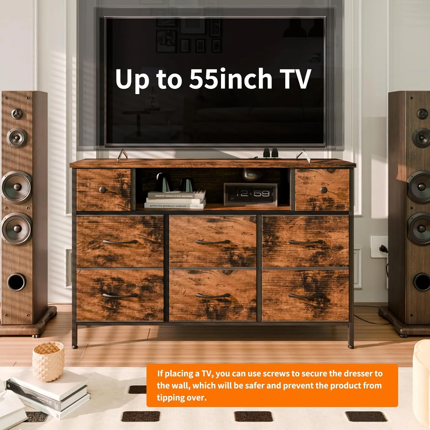 Fixwal Dresser for Bedroom with Power Outlets and LED Lights, Rustic Brown 55" TV Stand with 8 Drawers, Fabric Chest of Drawers with Wood Grain Finish for Entryway