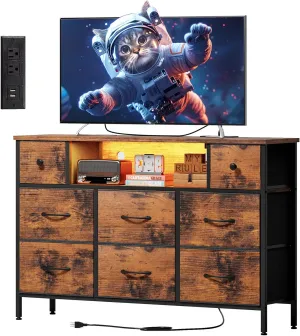 Fixwal Dresser for Bedroom with Power Outlets and LED Lights, Rustic Brown 55" TV Stand with 8 Drawers, Fabric Chest of Drawers with Wood Grain Finish for Entryway