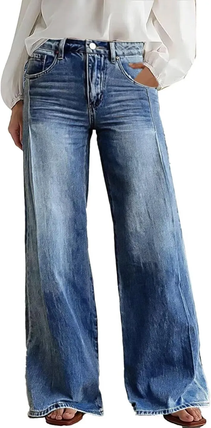 Flamingals Wide Leg Jeans for Women Mid Waist Baggy Stitch Decor Denim Washed Pants Without Belt