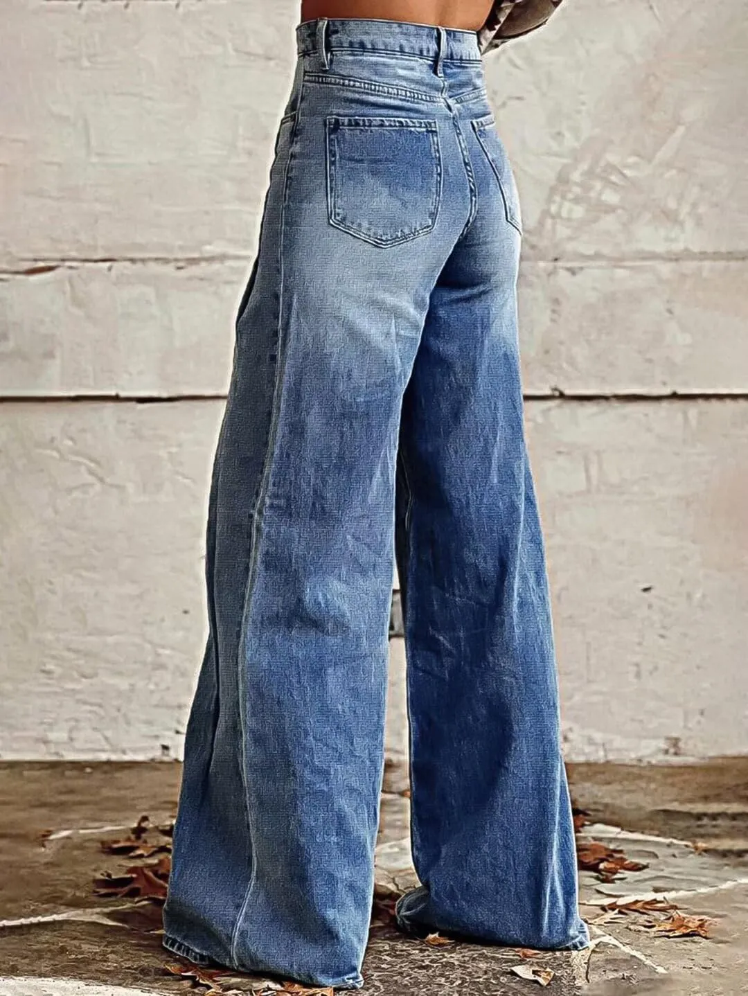 Flamingals Wide Leg Jeans for Women Mid Waist Baggy Stitch Decor Denim Washed Pants Without Belt