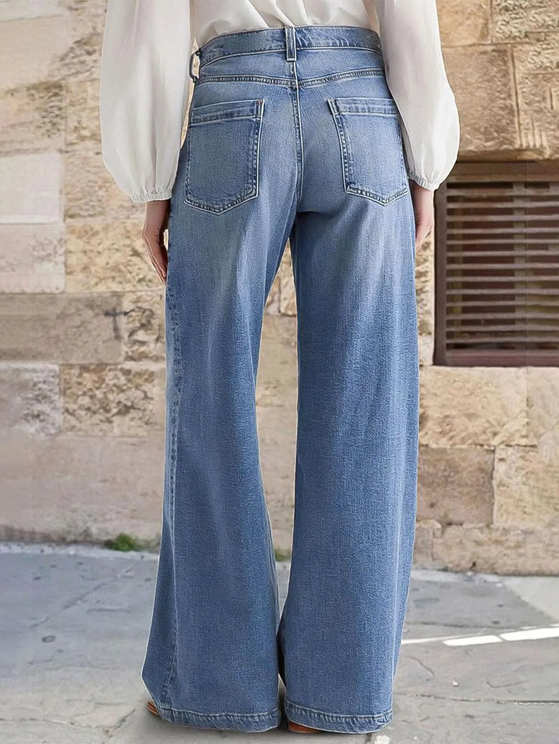 Flamingals Wide Leg Jeans for Women Mid Waist Baggy Stitch Decor Denim Washed Pants Without Belt
