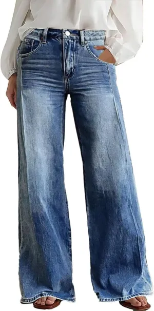 Flamingals Wide Leg Jeans for Women Mid Waist Baggy Stitch Decor Denim Washed Pants Without Belt