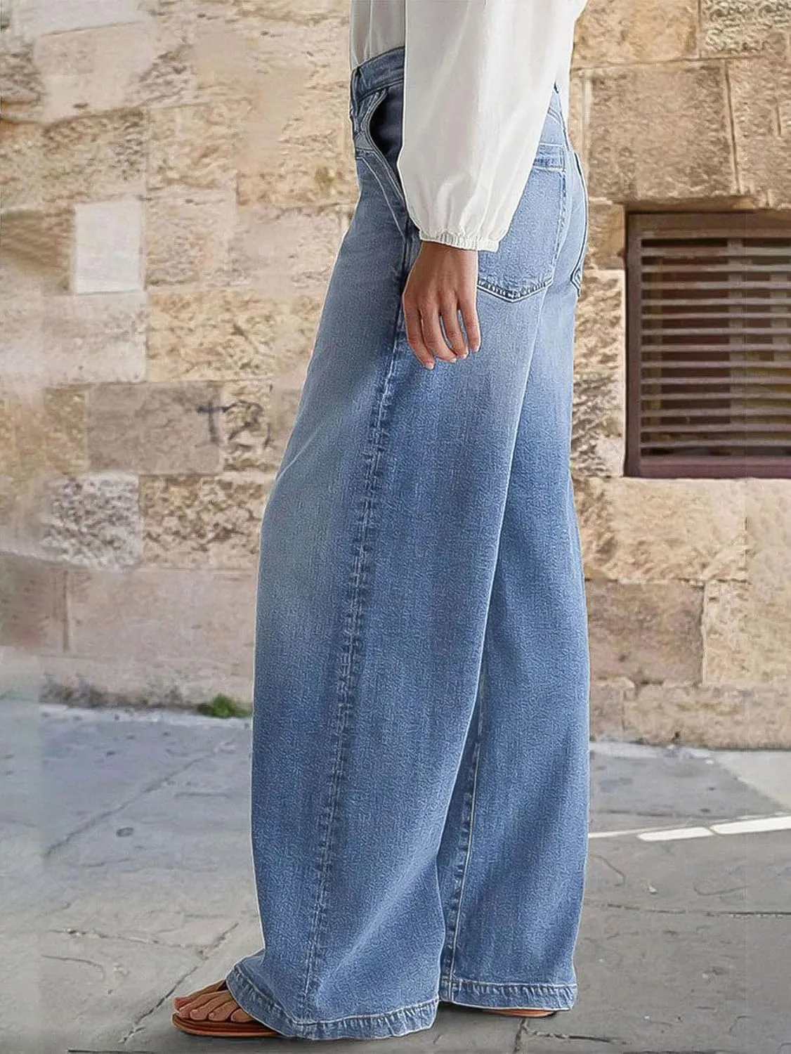 Flamingals Wide Leg Jeans for Women Mid Waist Baggy Stitch Decor Denim Washed Pants Without Belt