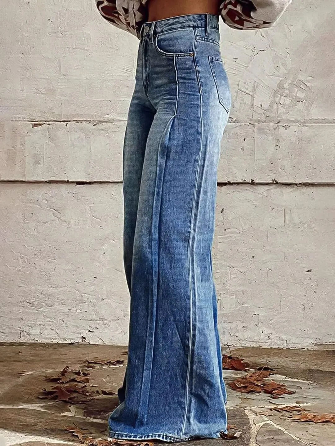 Flamingals Wide Leg Jeans for Women Mid Waist Baggy Stitch Decor Denim Washed Pants Without Belt
