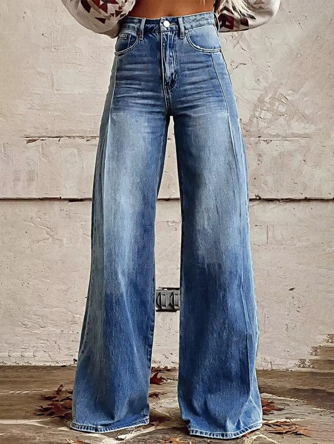Flamingals Wide Leg Jeans for Women Mid Waist Baggy Stitch Decor Denim Washed Pants Without Belt