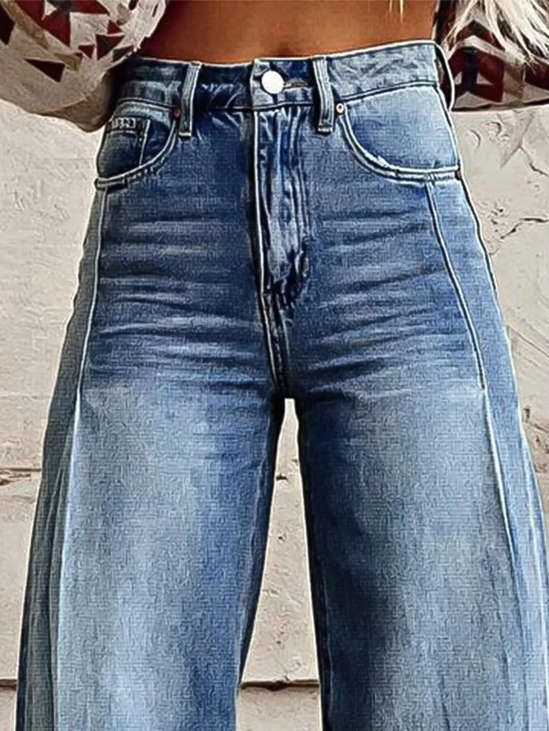 Flamingals Wide Leg Jeans for Women Mid Waist Baggy Stitch Decor Denim Washed Pants Without Belt