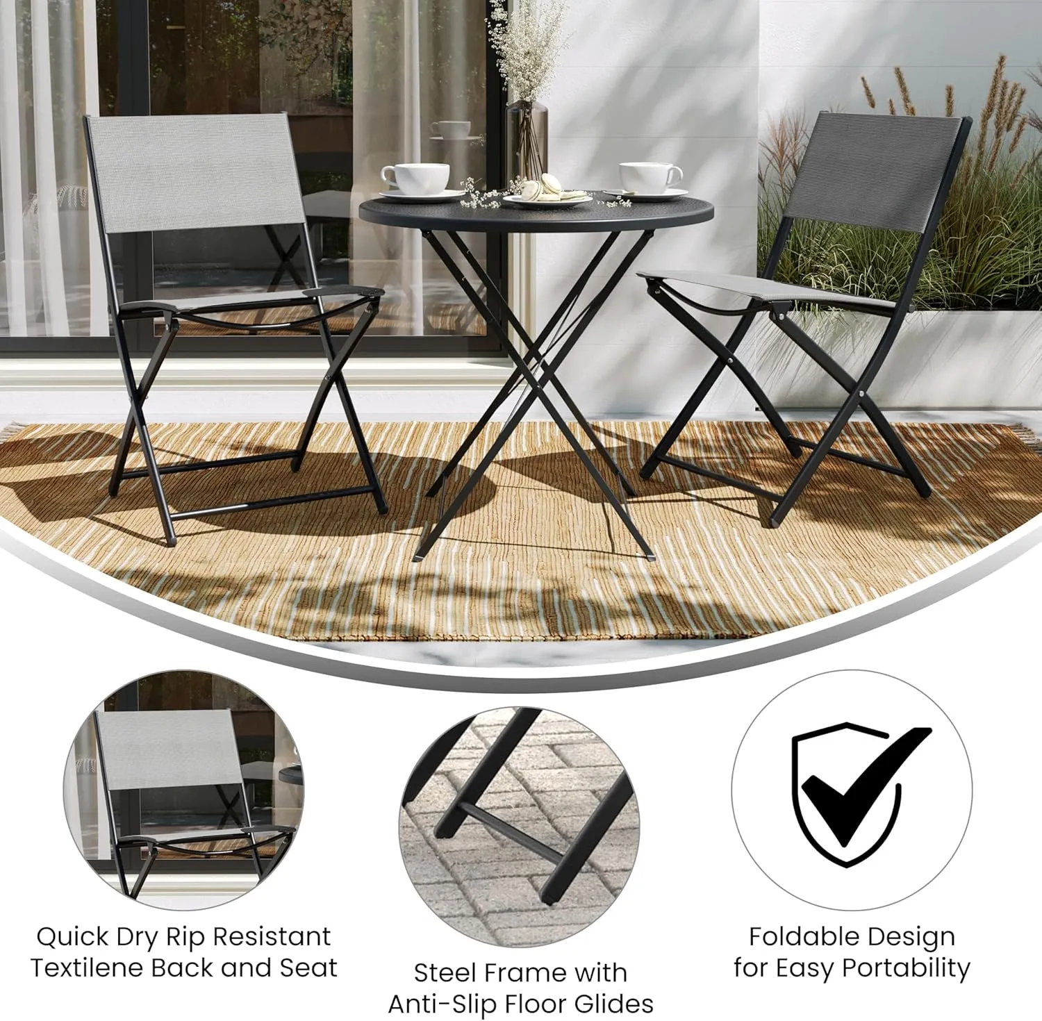 Flash Furniture Brazos Commercial Indoor-Outdoor Folding Chairs, Flex Comfort Backs/Seats, Metal Frames, Portable Lightweight Foldable Design, Set of 2, Gray/Black