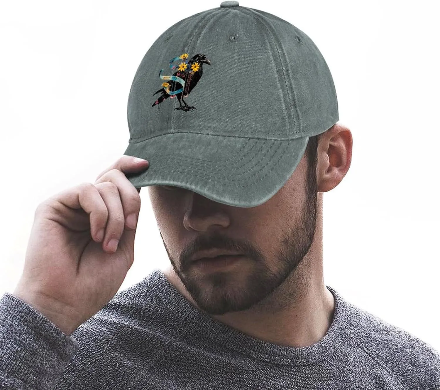 Floral Black Raven Blue Ribbon Baseball Trucker Cap Athletic Denim Hat Vintage Gaming Dad Hats for Men Women