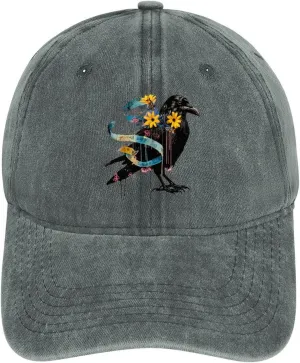 Floral Black Raven Blue Ribbon Baseball Trucker Cap Athletic Denim Hat Vintage Gaming Dad Hats for Men Women