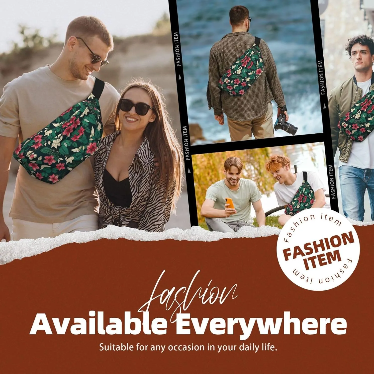 flower leaf Fanny Pack Crossbody Sling Bag â€“ Zipper Pockets for Travel, Hiking, Cycling, Workouts, and Everyday Use