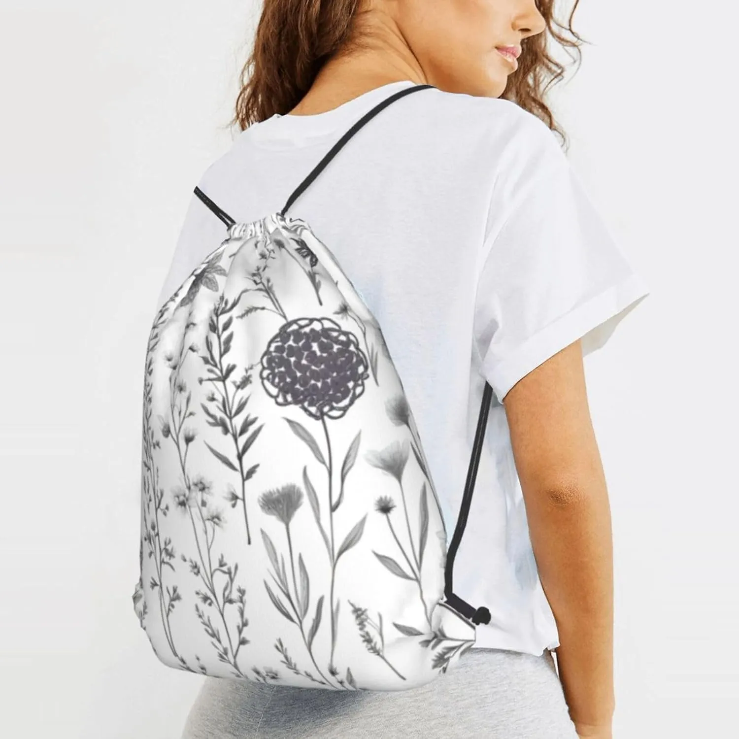Flowering Herbs & Herbaceou Drawstring Cinch Backpack Polyester Sack Pack String Bag For Hiking Camping Adventure