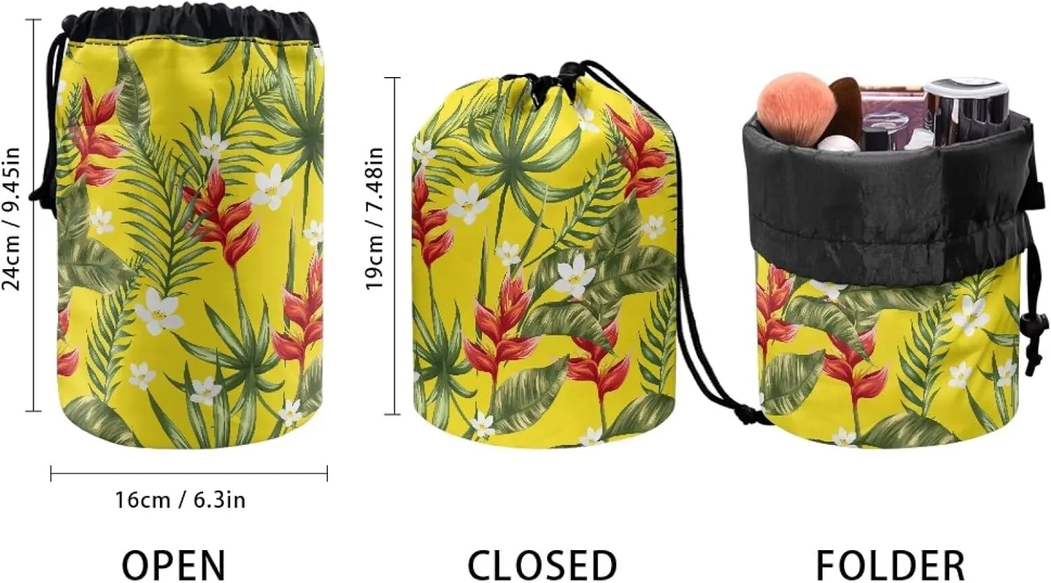 flowers dandelions drawstring makeup bag opens flat collapsible makeup bag portable lazy drawstring makeup bag travel cosmetic pouch toiletry travel essentials for women round makeup bag