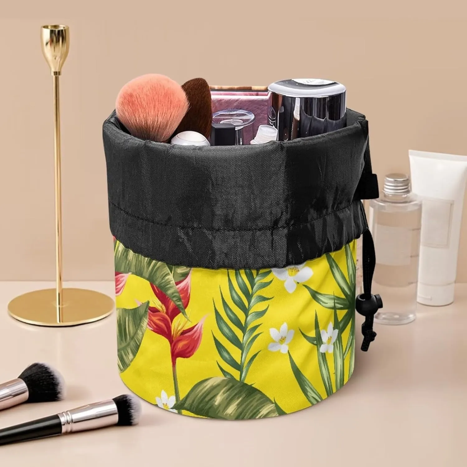 flowers dandelions drawstring makeup bag opens flat collapsible makeup bag portable lazy drawstring makeup bag travel cosmetic pouch toiletry travel essentials for women round makeup bag