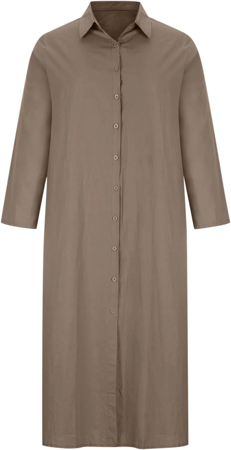 Flowy Dresses for Women Plus Size Maxi V Neck Solid Cotton Linen Button Down Dress Causal Solid Oversized Linen Dress
