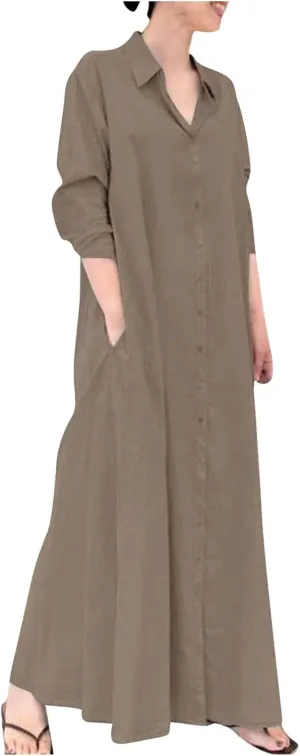 Flowy Dresses for Women Plus Size Maxi V Neck Solid Cotton Linen Button Down Dress Causal Solid Oversized Linen Dress