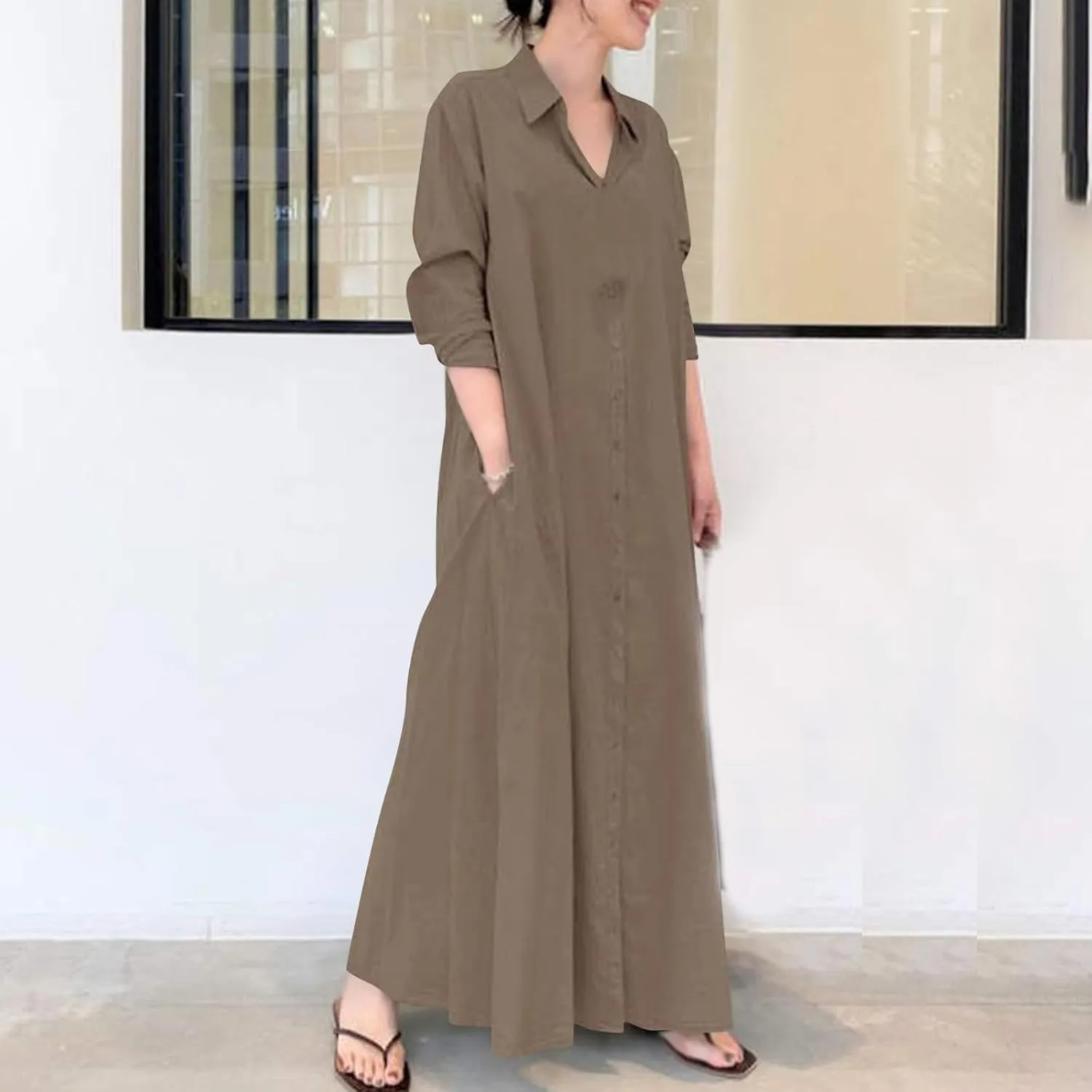 Flowy Dresses for Women Plus Size Maxi V Neck Solid Cotton Linen Button Down Dress Causal Solid Oversized Linen Dress
