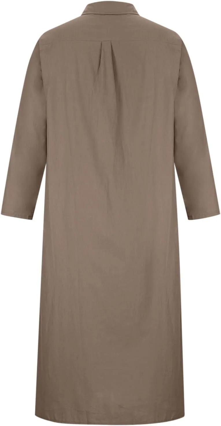 Flowy Dresses for Women Plus Size Maxi V Neck Solid Cotton Linen Button Down Dress Causal Solid Oversized Linen Dress
