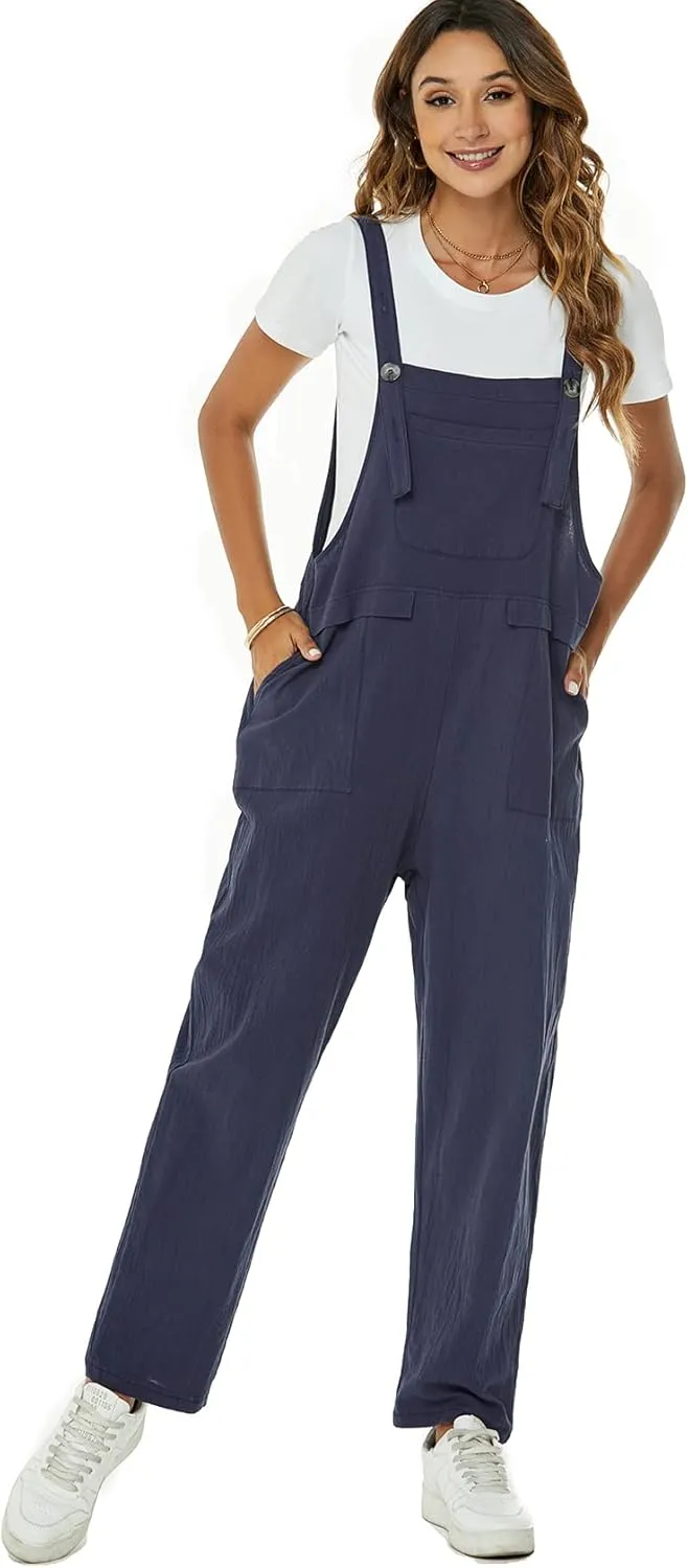 Flygo Womens Overalls Cotton Linen Overalls for Women Loose Fit Harem Wide Leg Jumpsuit with Pockets