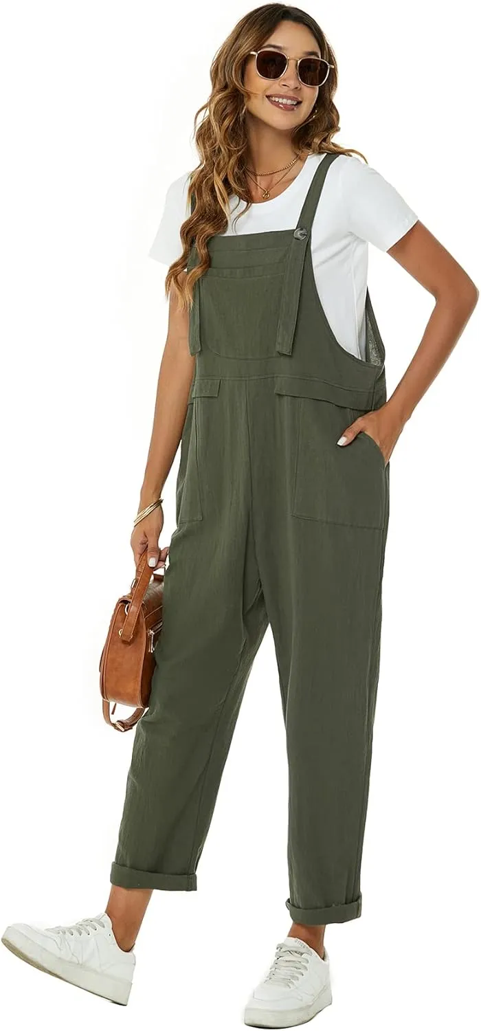Flygo Womens Overalls Cotton Linen Overalls for Women Loose Fit Harem Wide Leg Jumpsuit with Pockets