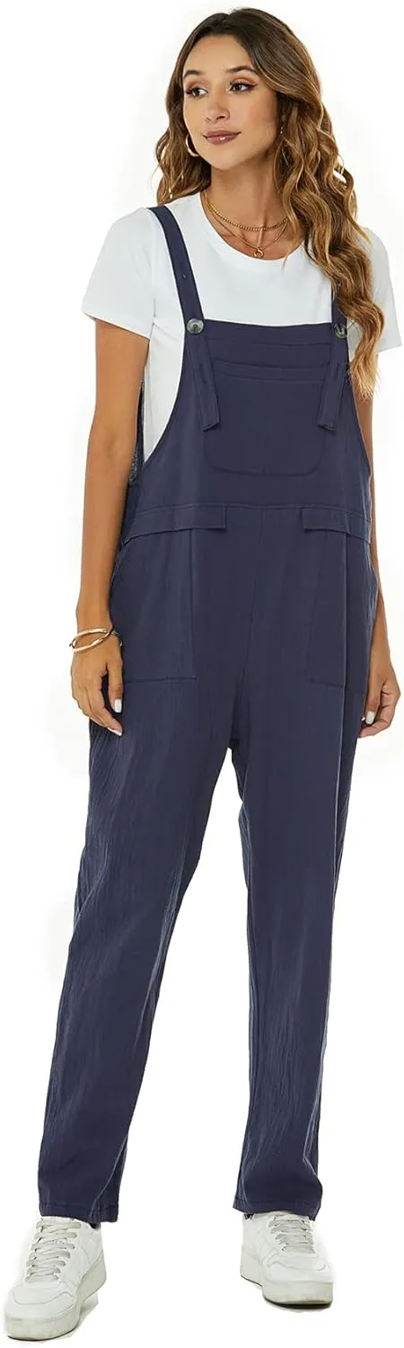 Flygo Womens Overalls Cotton Linen Overalls for Women Loose Fit Harem Wide Leg Jumpsuit with Pockets