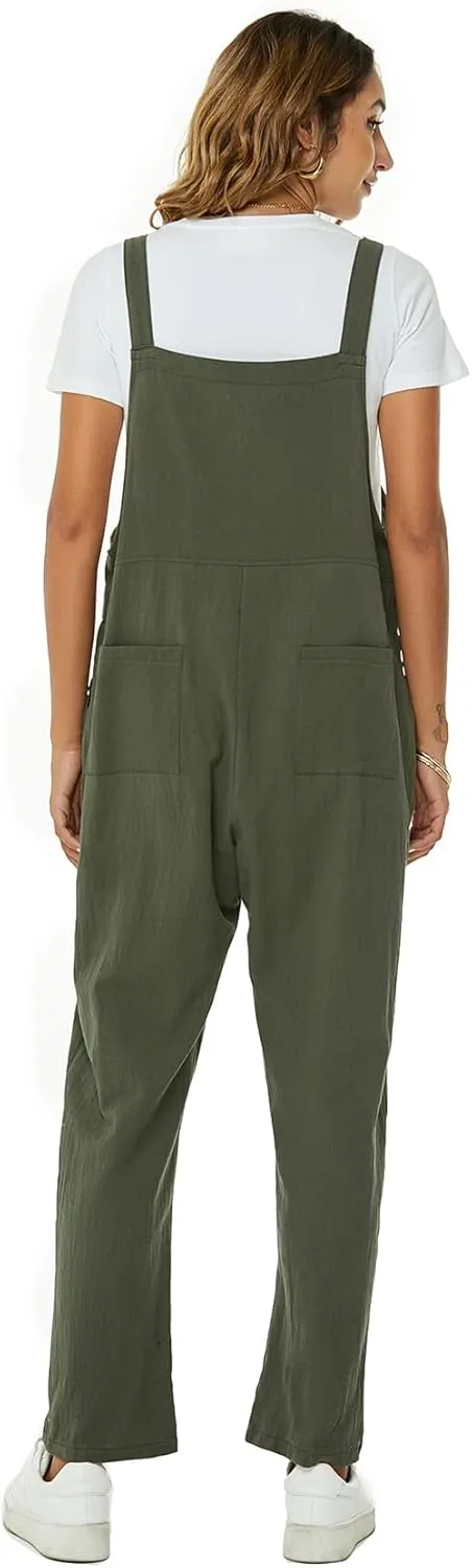 Flygo Womens Overalls Cotton Linen Overalls for Women Loose Fit Harem Wide Leg Jumpsuit with Pockets