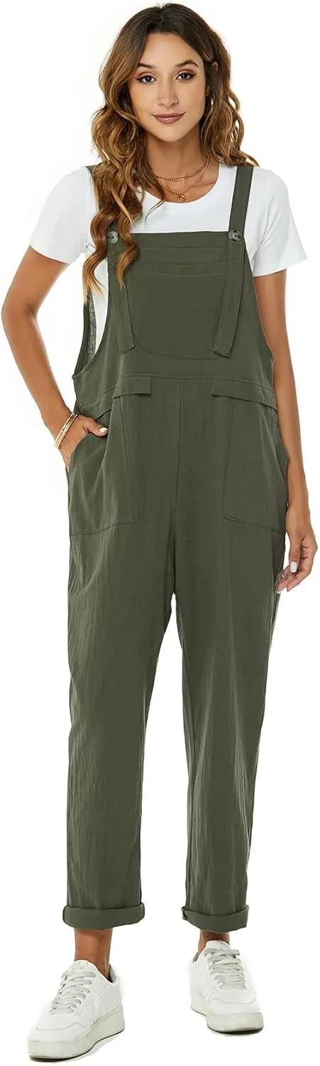 Flygo Womens Overalls Cotton Linen Overalls for Women Loose Fit Harem Wide Leg Jumpsuit with Pockets